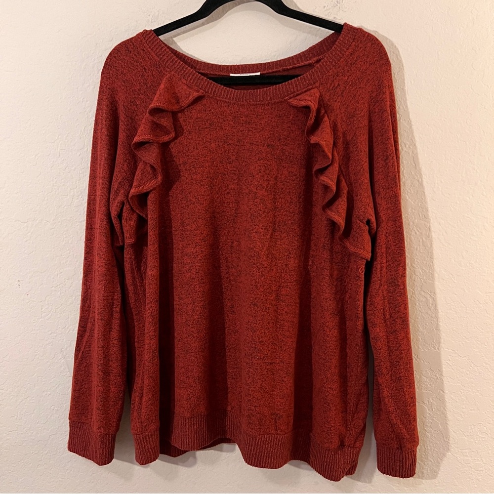 Jodifl Dark Red Heathered Sweater Large Boat Neck Distressed Cuffs Front Detail